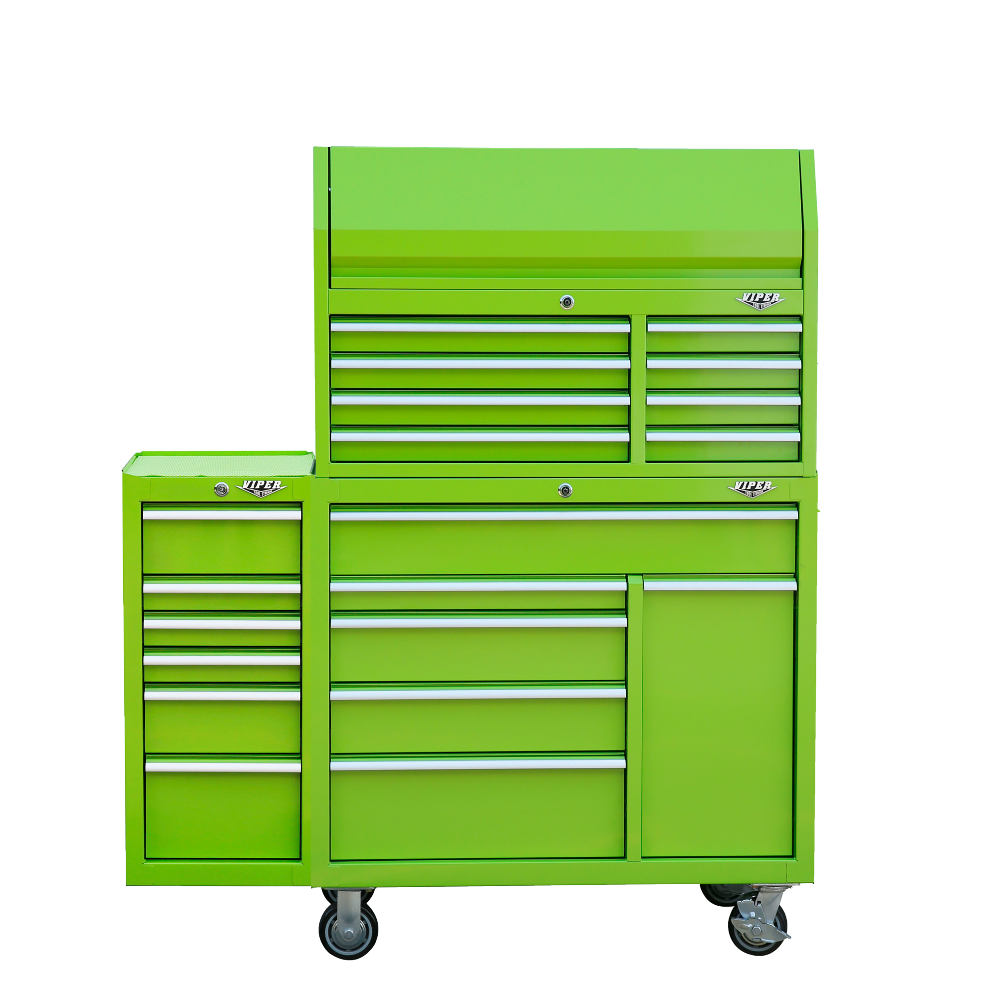 Viper Tool Storage Rolling Cabinet Bundle - 41in., 6-Drawer Bottom Cabinet, 8-Drawer Top Chest, 6-Drawer Side Cabinet, 57.75in. Width, 67in. Height, Lime, Model# V41C3LG
